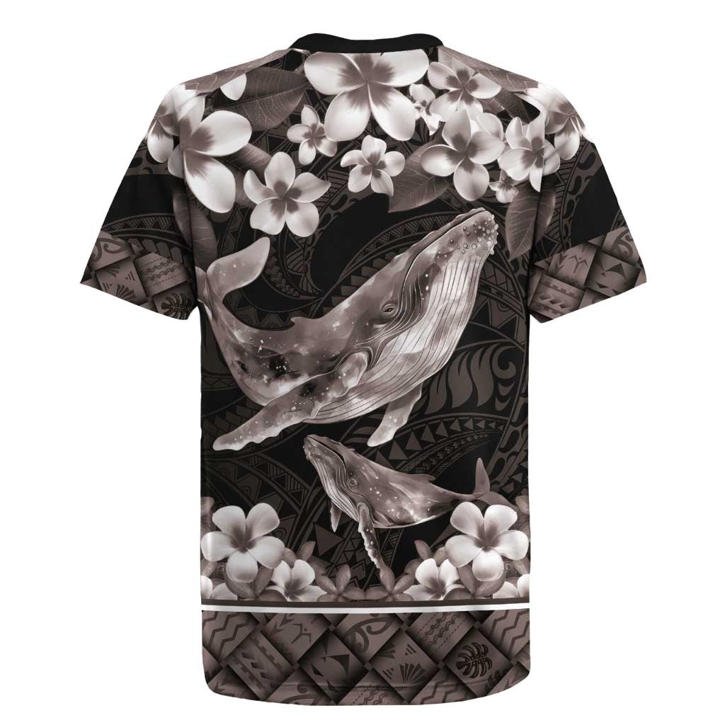 Hawaiian Plumeria and Humpback Whales Rugby Jersey Polynerian Art Tattoo-Grayscale Mode