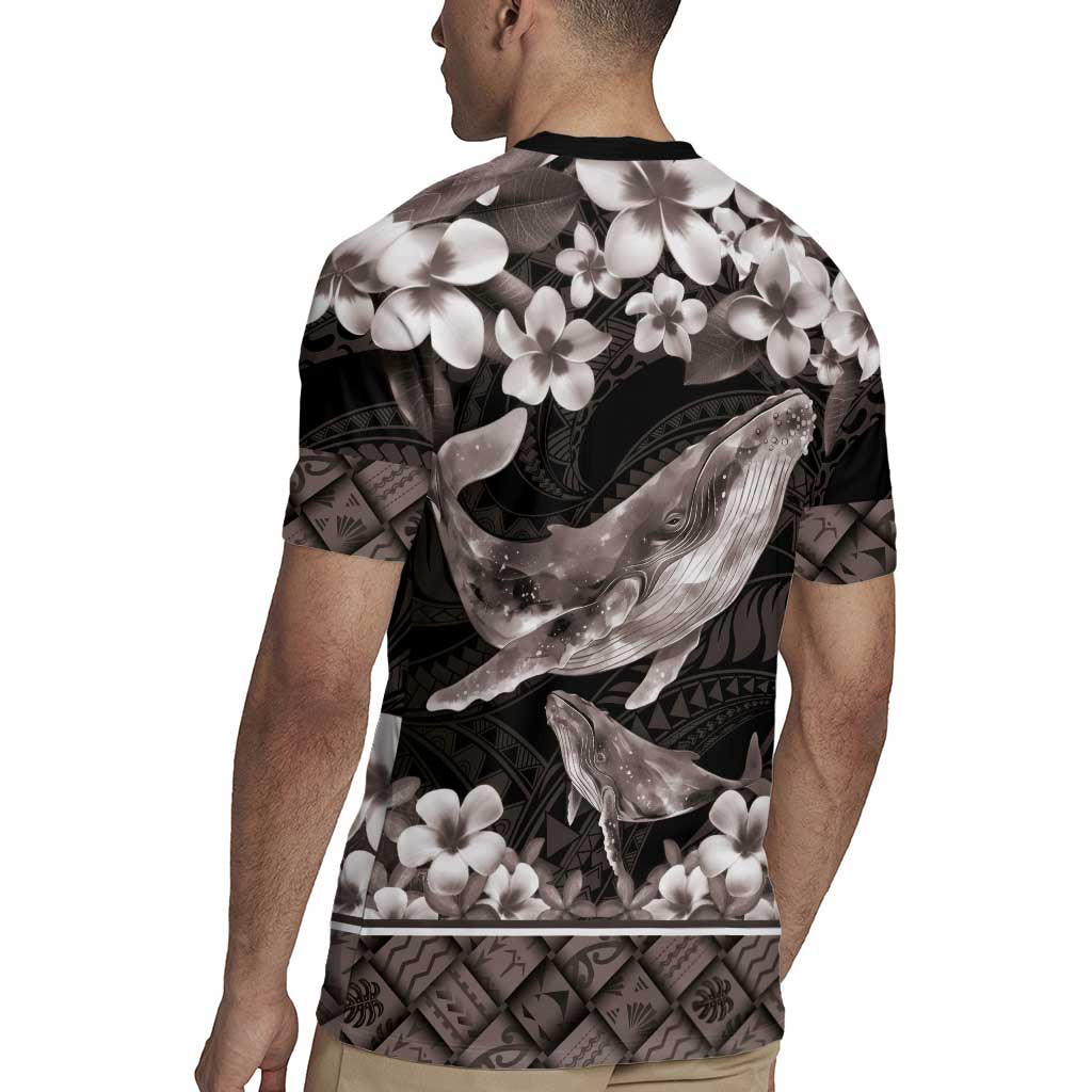Hawaiian Plumeria and Humpback Whales Rugby Jersey Polynerian Art Tattoo-Grayscale Mode