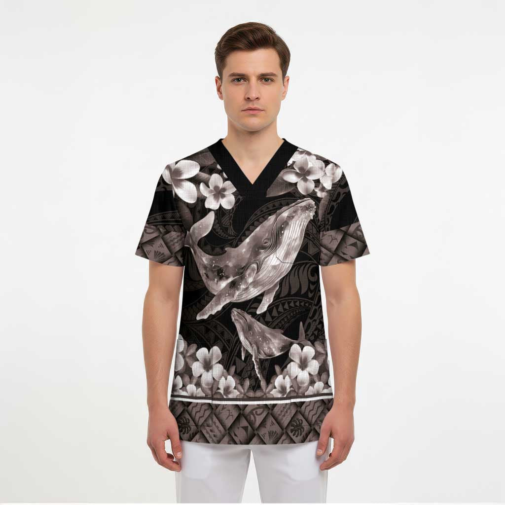 Hawaiian Plumeria and Humpback Whales Scrub Top Polynerian Art Tattoo-Grayscale Mode - Polynesian Pride