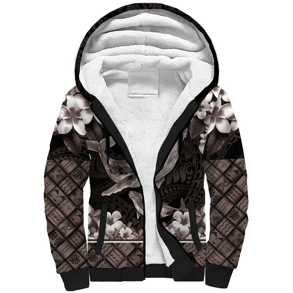 Hawaiian Plumeria and Humpback Whales Sherpa Hoodie Polynerian Art Tattoo-Grayscale Mode