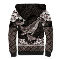 Hawaiian Plumeria and Humpback Whales Sherpa Hoodie Polynerian Art Tattoo-Grayscale Mode