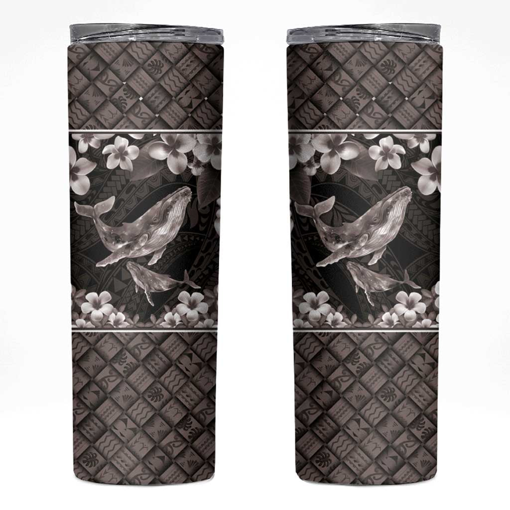 Hawaiian Plumeria and Humpback Whales Skinny Tumbler Polynerian Art Tattoo-Grayscale Mode