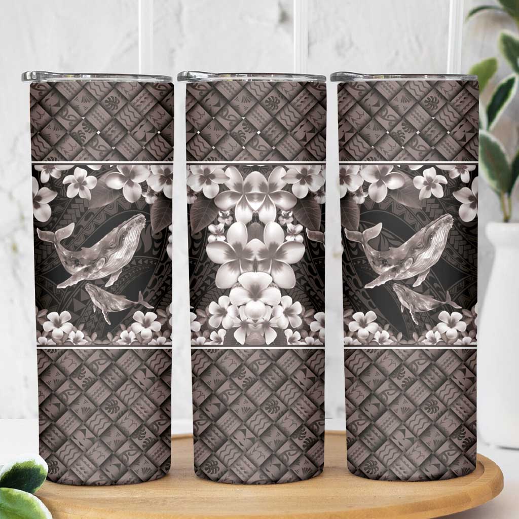 Hawaiian Plumeria and Humpback Whales Skinny Tumbler Polynerian Art Tattoo-Grayscale Mode