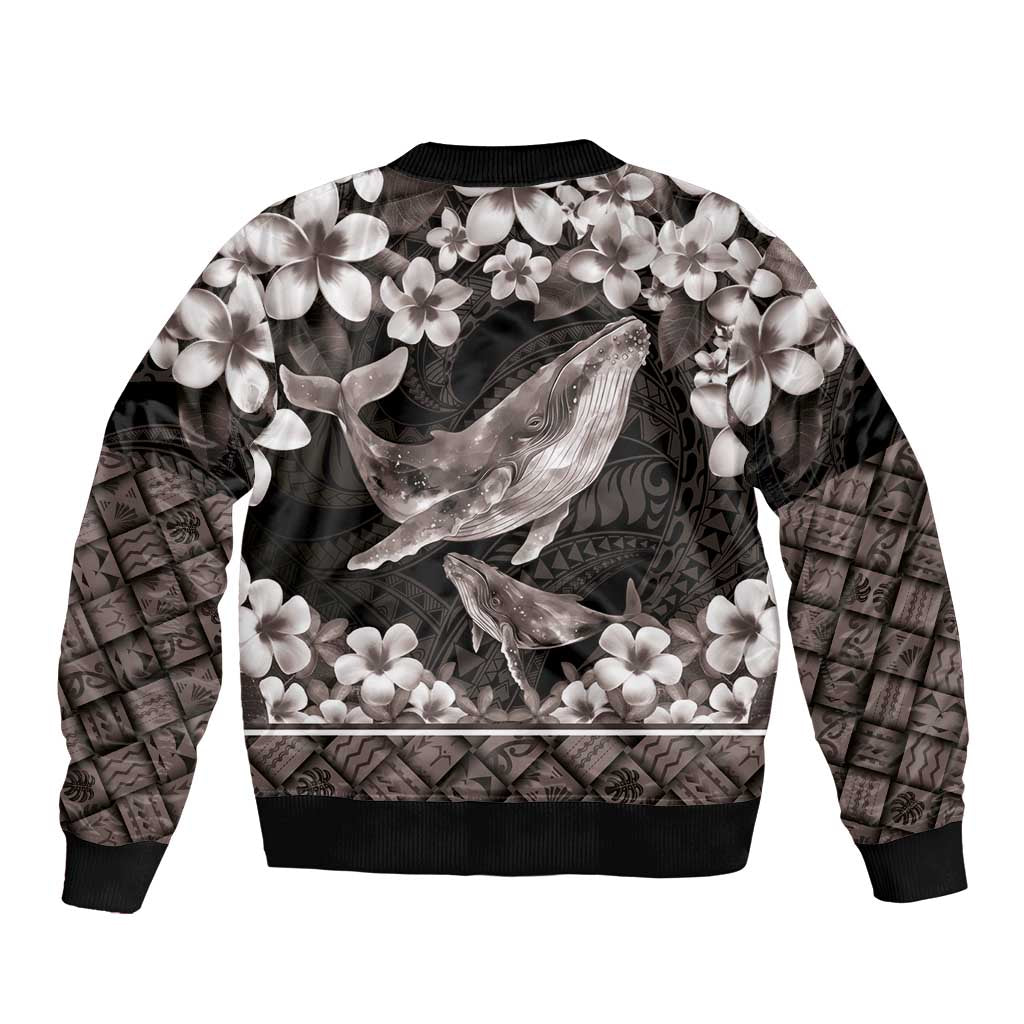 Hawaiian Plumeria and Humpback Whales Sleeve Zip Bomber Jacket Polynerian Art Tattoo-Grayscale Mode