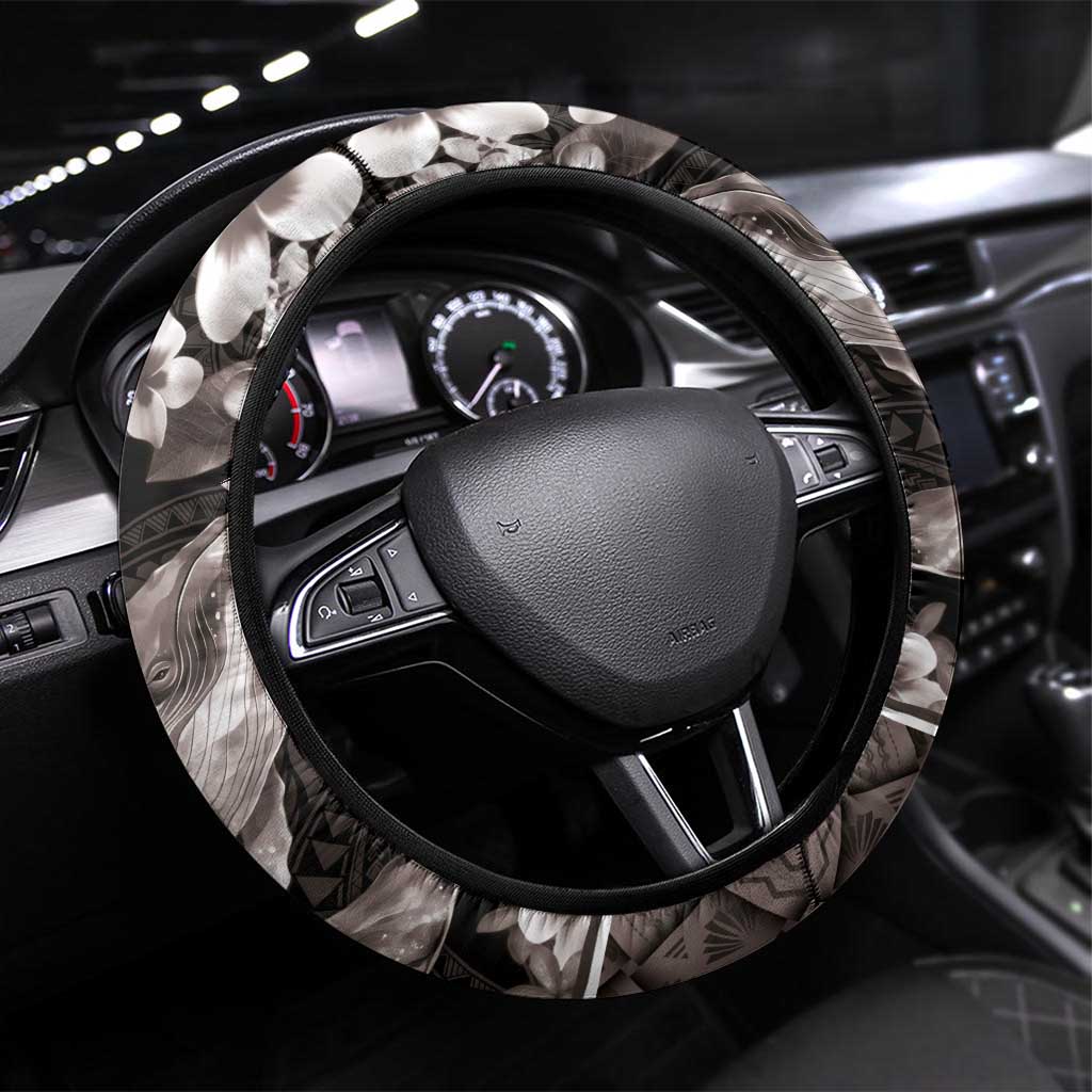 Hawaiian Plumeria and Humpback Whales Steering Wheel Cover Polynerian Art Tattoo-Grayscale Mode