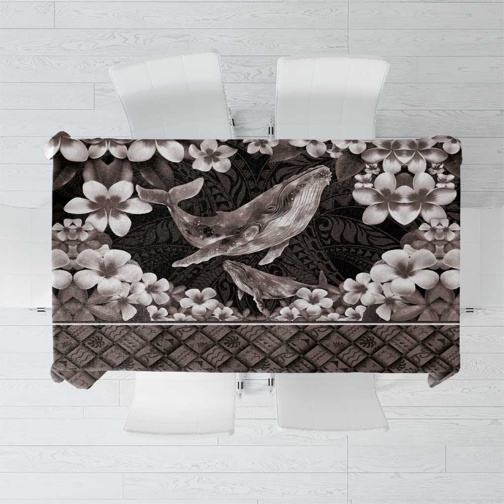 Hawaiian Plumeria and Humpback Whales Tablecloth Polynerian Art Tattoo-Grayscale Mode
