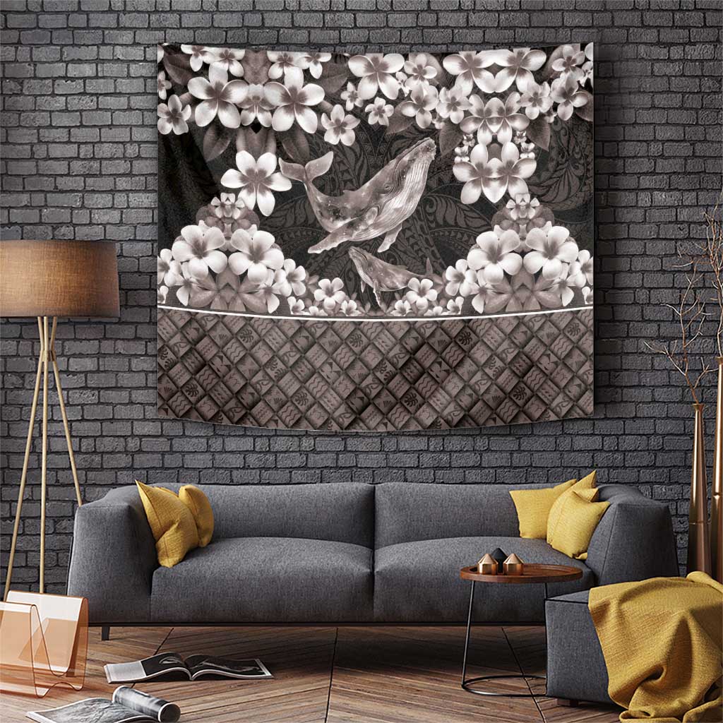 Hawaiian Plumeria and Humpback Whales Tapestry Polynerian Art Tattoo-Grayscale Mode LT03 Black - Polynesian Pride