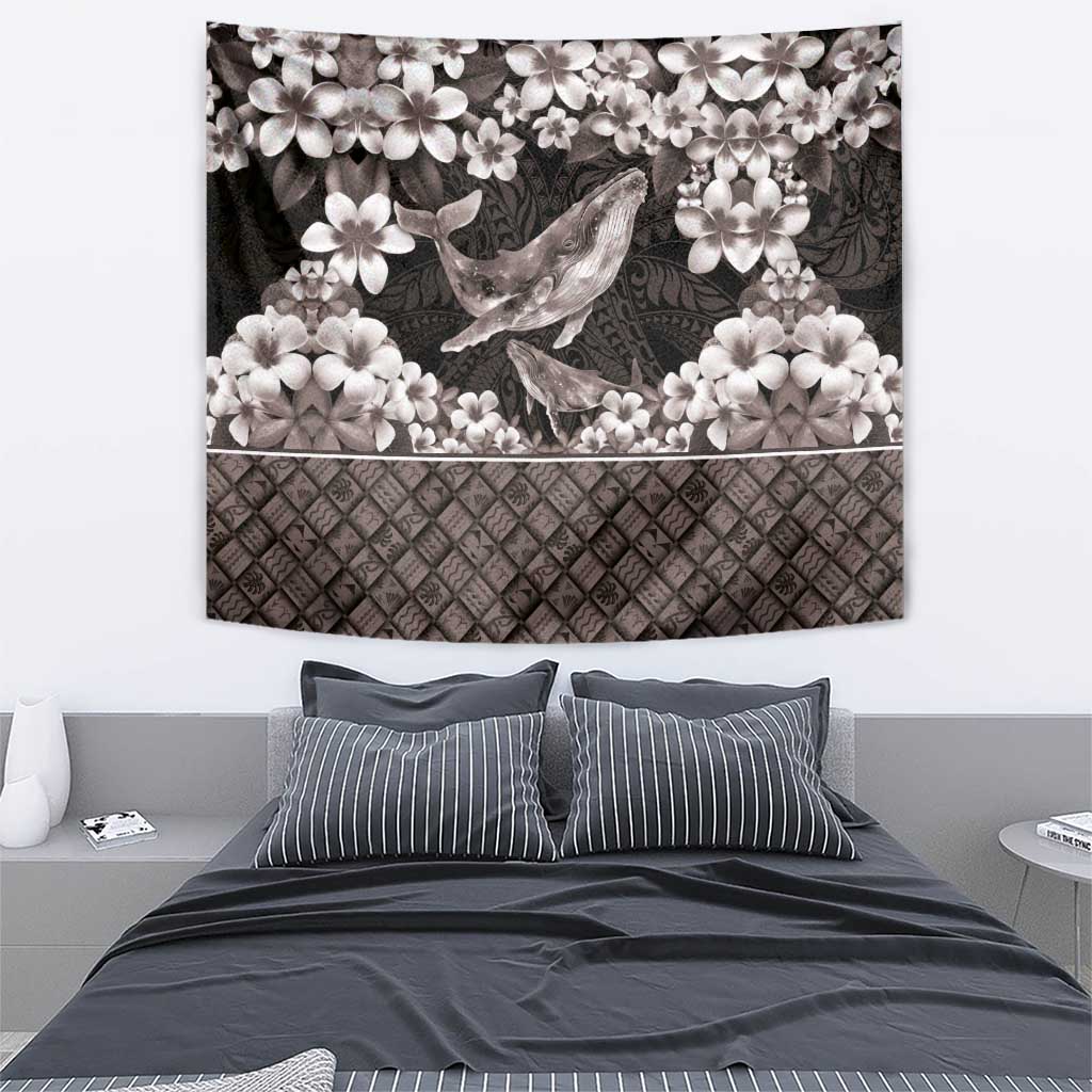Hawaiian Plumeria and Humpback Whales Tapestry Polynerian Art Tattoo-Grayscale Mode LT03 - Polynesian Pride