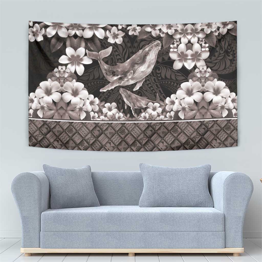 Hawaiian Plumeria and Humpback Whales Tapestry Polynerian Art Tattoo-Grayscale Mode LT03 - Polynesian Pride