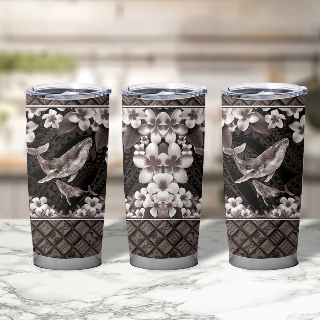 Hawaiian Plumeria and Humpback Whales Tumbler Cup Polynerian Art Tattoo-Grayscale Mode