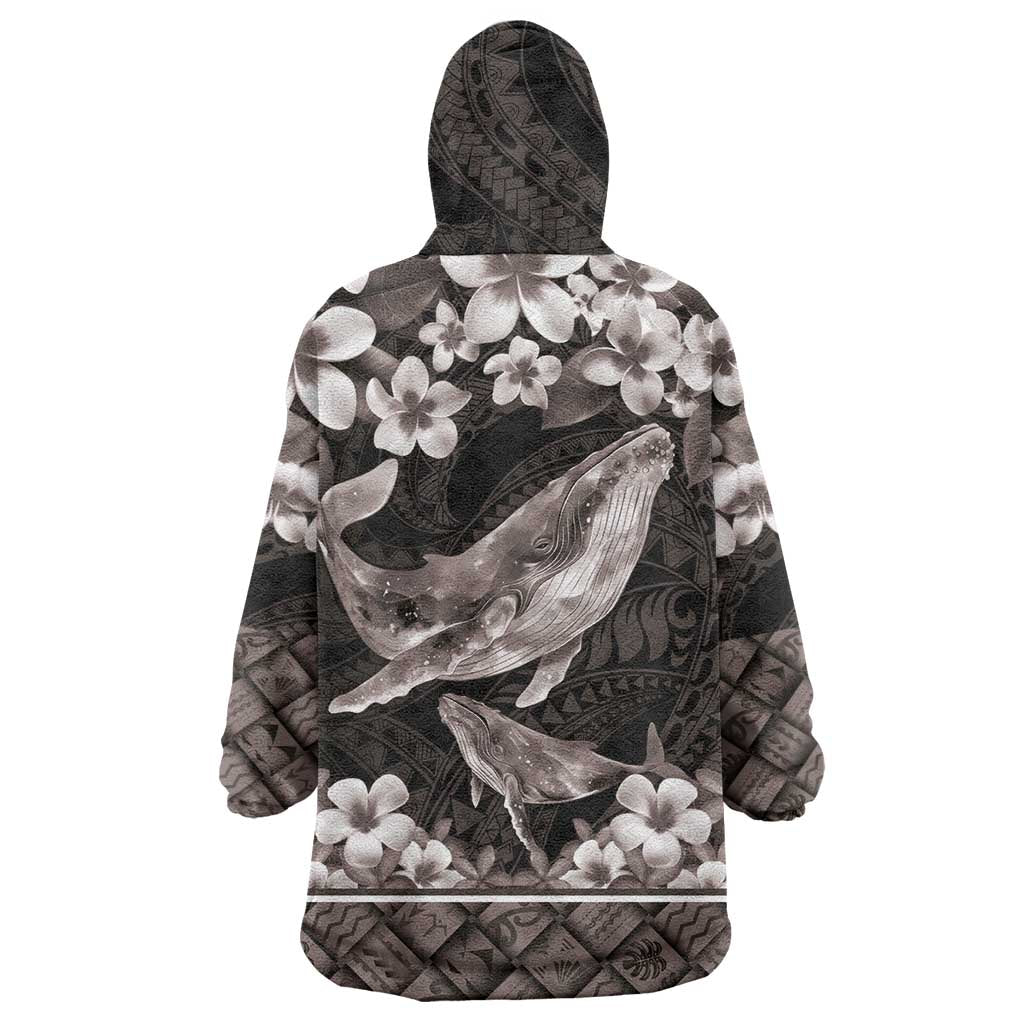 Hawaiian Plumeria and Humpback Whales Wearable Blanket Hoodie Polynerian Art Tattoo-Grayscale Mode