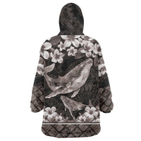 Hawaiian Plumeria and Humpback Whales Wearable Blanket Hoodie Polynerian Art Tattoo-Grayscale Mode