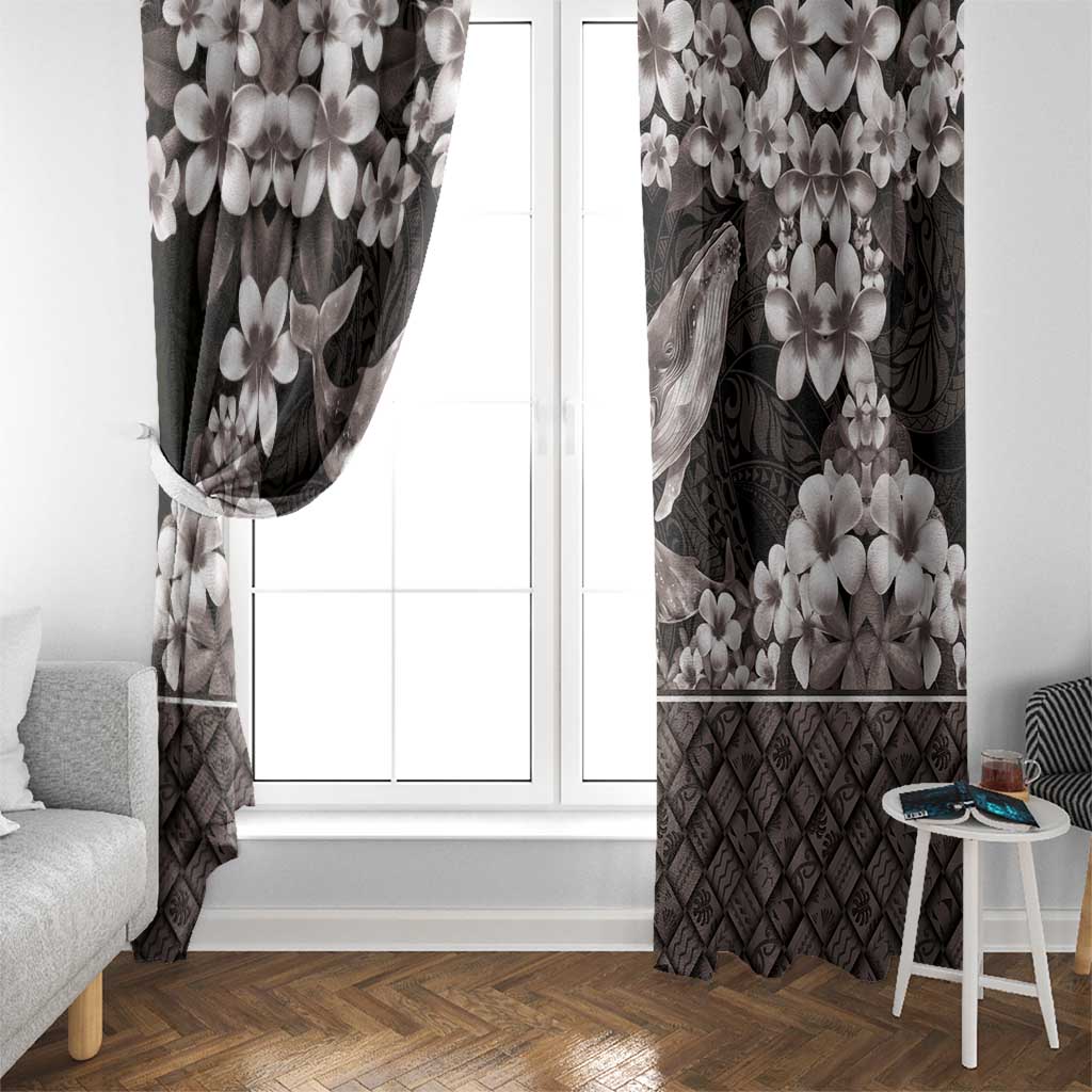 Hawaiian Plumeria and Humpback Whales Window Curtain Polynerian Art Tattoo-Grayscale Mode