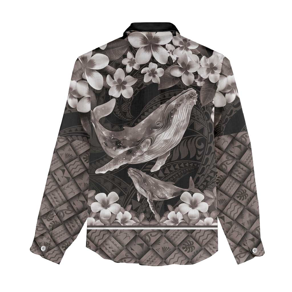 Hawaiian Plumeria and Humpback Whales Women Casual Shirt Polynerian Art Tattoo-Grayscale Mode