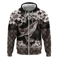 Hawaiian Plumeria and Humpback Whales Zip Hoodie Polynerian Art Tattoo-Grayscale Mode