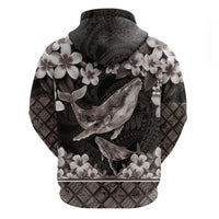 Hawaiian Plumeria and Humpback Whales Zip Hoodie Polynerian Art Tattoo-Grayscale Mode