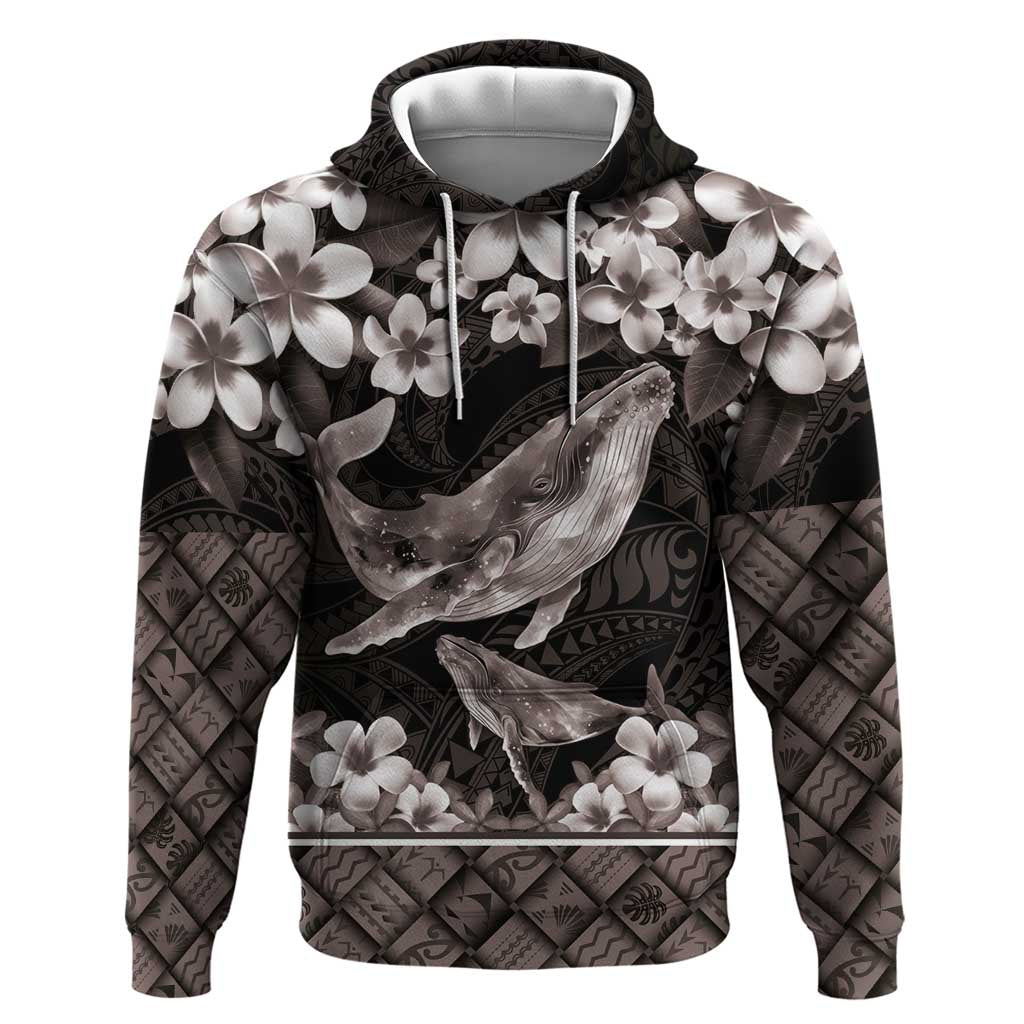 Hawaiian Plumeria and Humpback Whales Zip Hoodie Polynerian Art Tattoo-Grayscale Mode