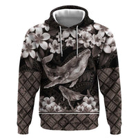 Hawaiian Plumeria and Humpback Whales Zip Hoodie Polynerian Art Tattoo-Grayscale Mode