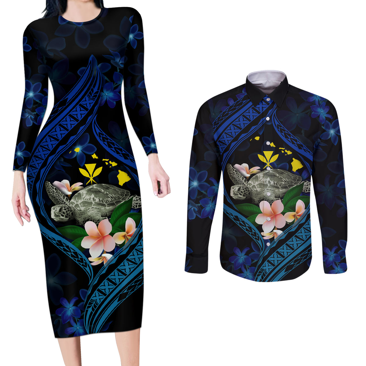 Hawaii Turtle Plumeria Flower Fanciful Couples Matching Long Sleeve Bodycon Dress and Long Sleeve Button Shirt