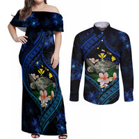 Hawaii Turtle Plumeria Flower Fanciful Couples Matching Off Shoulder Maxi Dress and Long Sleeve Button Shirt