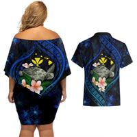 Hawaii Turtle Plumeria Flower Fanciful Couples Matching Off Shoulder Short Dress and Hawaiian Shirt