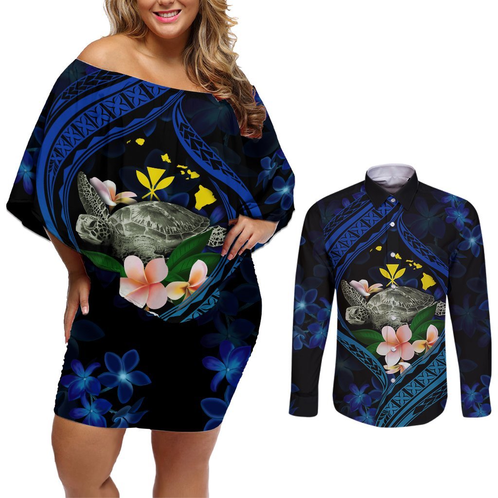Hawaii Turtle Plumeria Flower Fanciful Couples Matching Off Shoulder Short Dress and Long Sleeve Button Shirt LT03 Black - Polynesian Pride