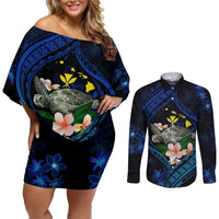 Hawaii Turtle Plumeria Flower Fanciful Couples Matching Off Shoulder Short Dress and Long Sleeve Button Shirt LT03 Black - Polynesian Pride