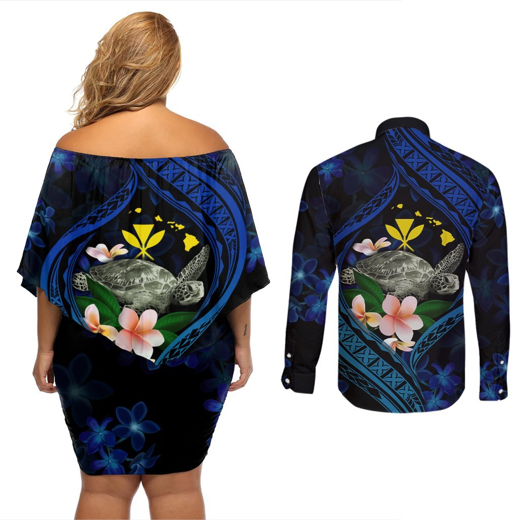Hawaii Turtle Plumeria Flower Fanciful Couples Matching Off Shoulder Short Dress and Long Sleeve Button Shirt LT03 - Polynesian Pride
