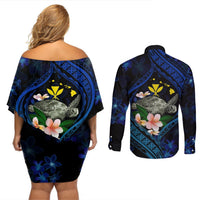 Hawaii Turtle Plumeria Flower Fanciful Couples Matching Off Shoulder Short Dress and Long Sleeve Button Shirt LT03 - Polynesian Pride