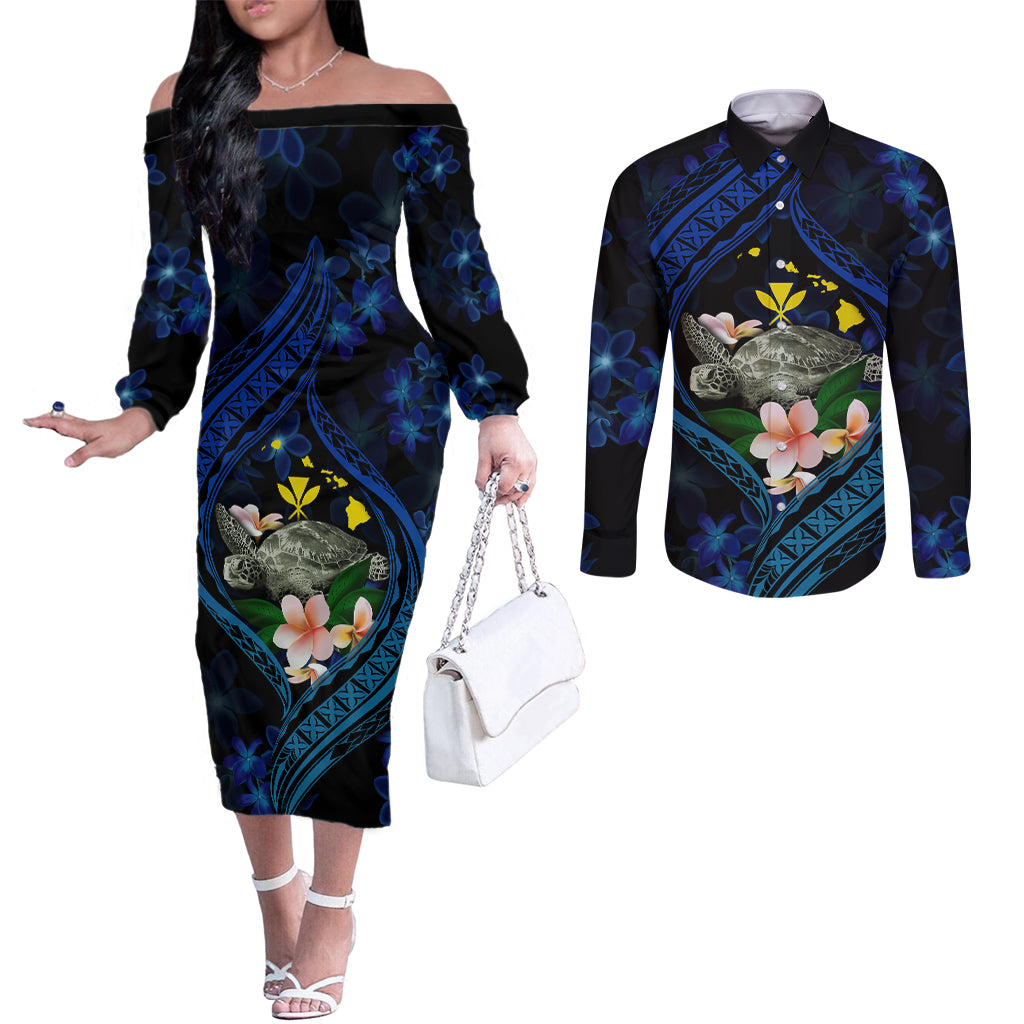 Hawaii Turtle Plumeria Flower Fanciful Couples Matching Off The Shoulder Long Sleeve Dress and Long Sleeve Button Shirt