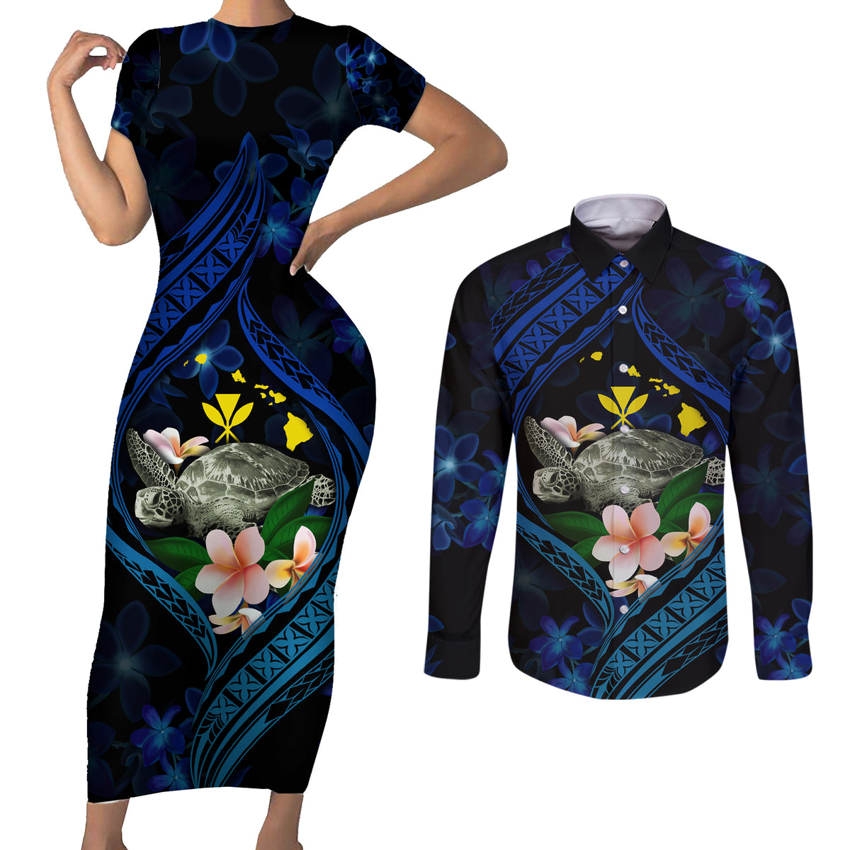 Hawaii Turtle Plumeria Flower Fanciful Couples Matching Short Sleeve Bodycon Dress and Long Sleeve Button Shirt