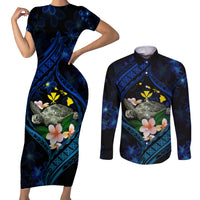 Hawaii Turtle Plumeria Flower Fanciful Couples Matching Short Sleeve Bodycon Dress and Long Sleeve Button Shirt