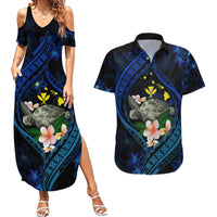 Hawaii Turtle Plumeria Flower Fanciful Couples Matching Summer Maxi Dress and Hawaiian Shirt