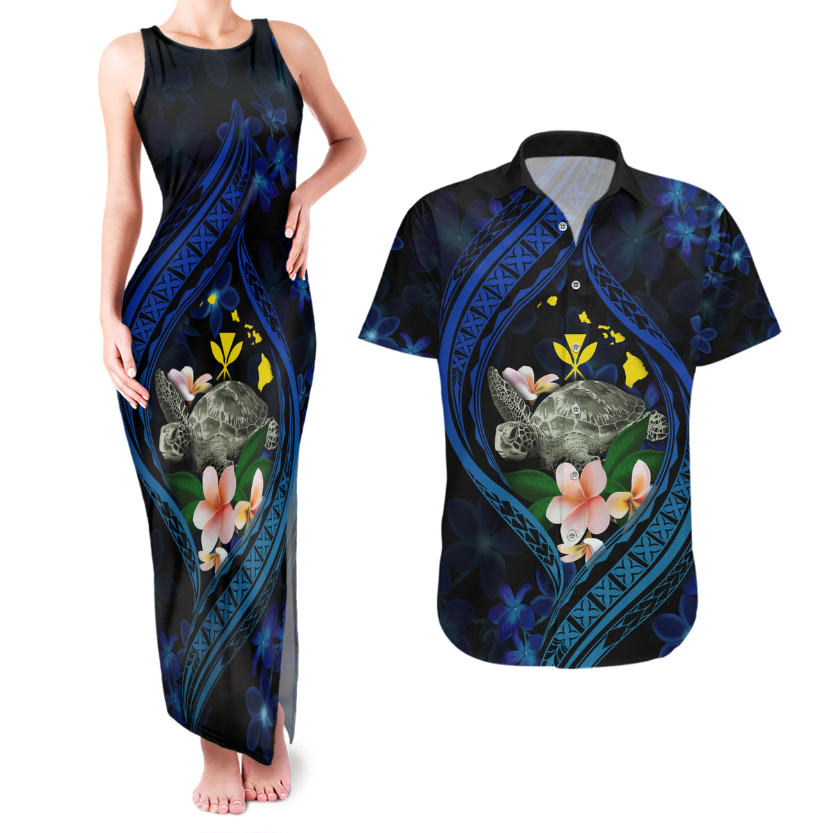Hawaii Turtle Plumeria Flower Fanciful Couples Matching Tank Maxi Dress and Hawaiian Shirt
