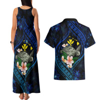 Hawaii Turtle Plumeria Flower Fanciful Couples Matching Tank Maxi Dress and Hawaiian Shirt