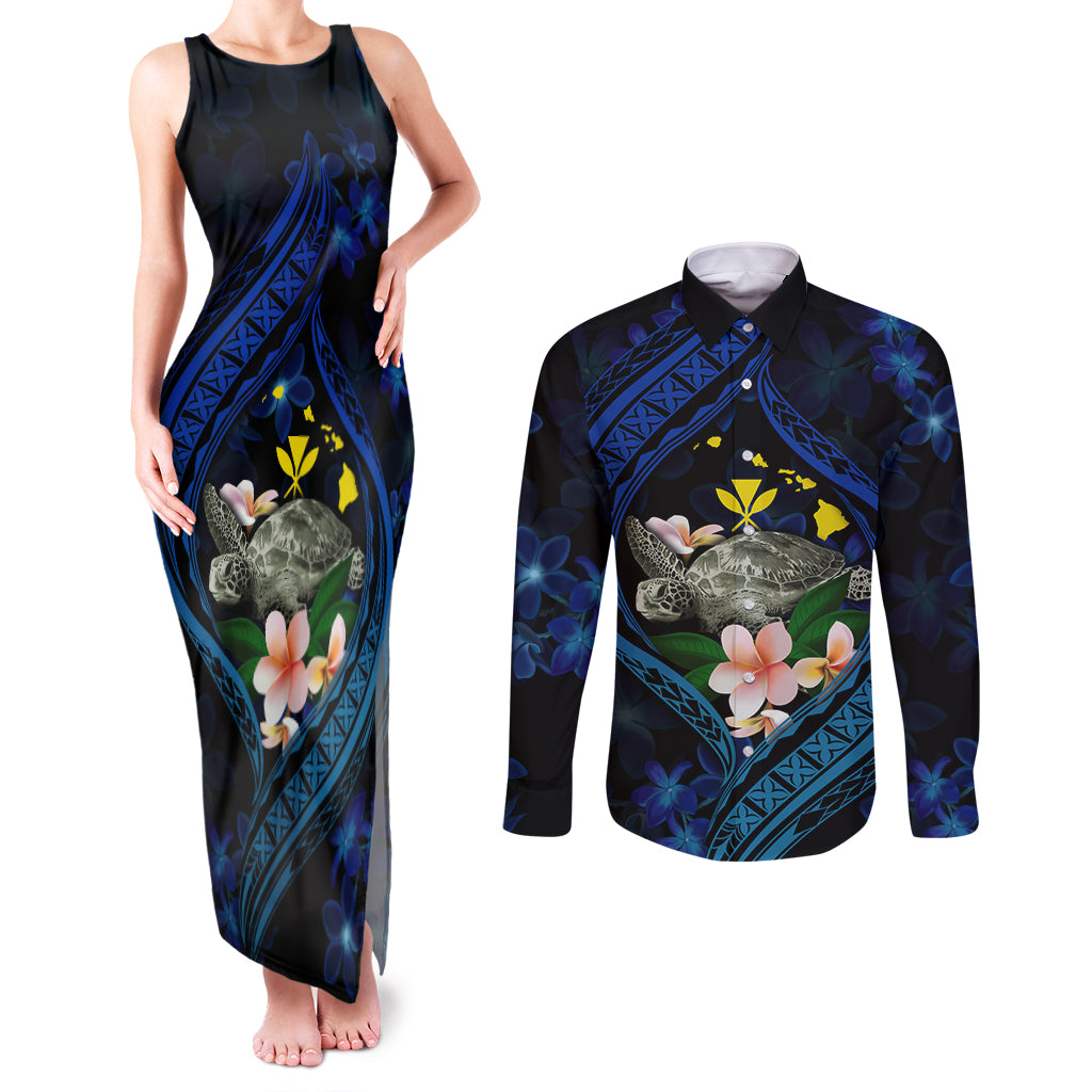 Hawaii Turtle Plumeria Flower Fanciful Couples Matching Tank Maxi Dress and Long Sleeve Button Shirt