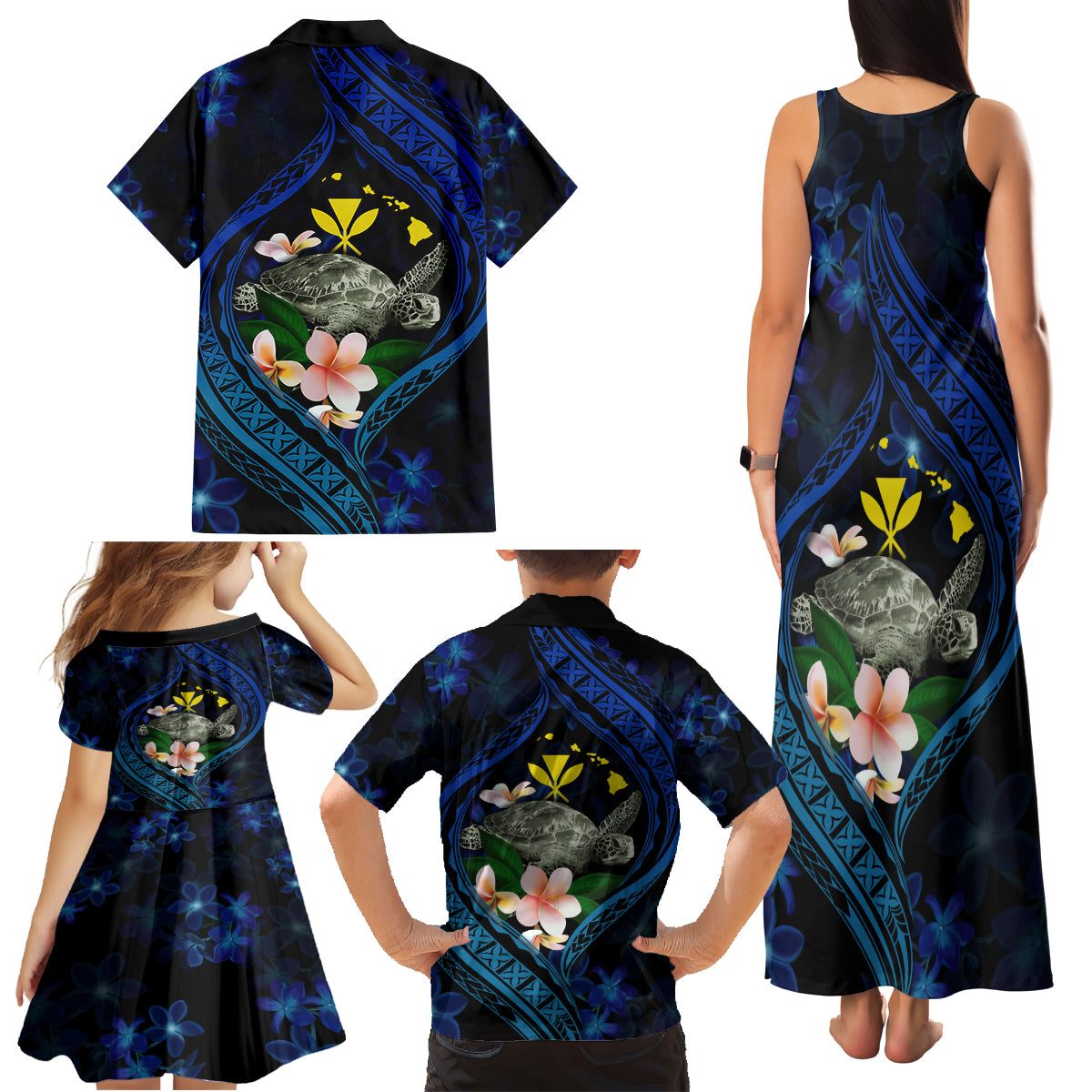 Hawaii Turtle Plumeria Flower Fanciful Family Matching Tank Maxi Dress and Hawaiian Shirt