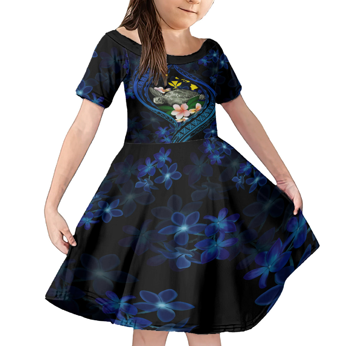 Hawaii Turtle Plumeria Flower Fanciful Kid Short Sleeve Dress