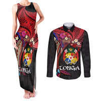 Tonga Emancipation Day Couples Matching Tank Maxi Dress and Long Sleeve Button Shirt Ngatu Humpback Whale Polynesian Flower LT03 Black - Polynesian Pride
