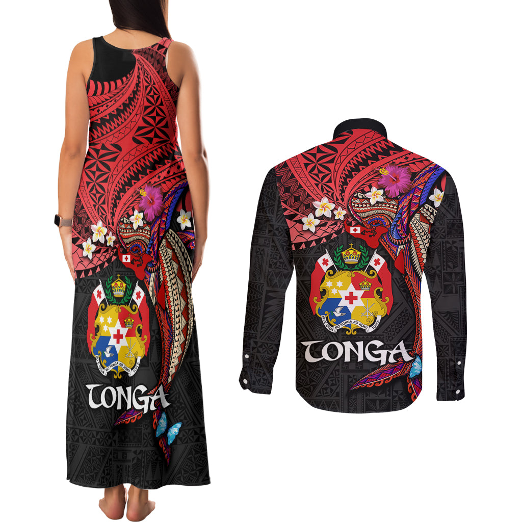 Tonga Emancipation Day Couples Matching Tank Maxi Dress and Long Sleeve Button Shirt Ngatu Humpback Whale Polynesian Flower LT03 - Polynesian Pride