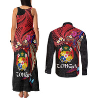 Tonga Emancipation Day Couples Matching Tank Maxi Dress and Long Sleeve Button Shirt Ngatu Humpback Whale Polynesian Flower LT03 - Polynesian Pride