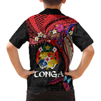 Tonga Emancipation Day Family Matching Off Shoulder Short Dress and Hawaiian Shirt Ngatu Humpback Whale Polynesian Flower