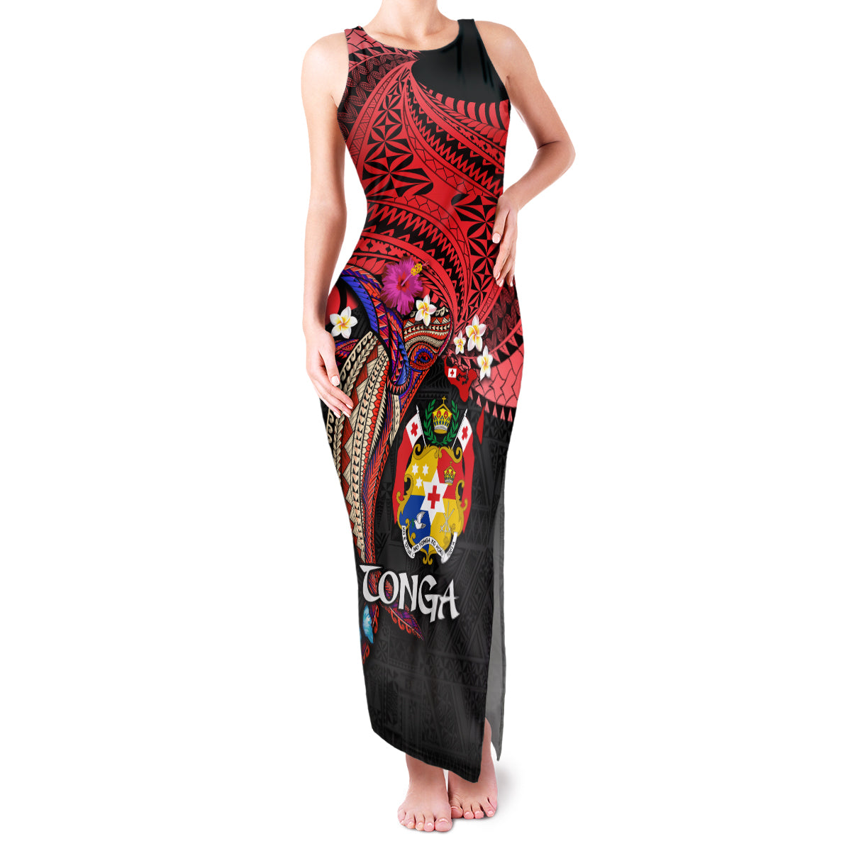 Tonga Emancipation Day Family Matching Tank Maxi Dress and Hawaiian Shirt Ngatu Humpback Whale Polynesian Flower