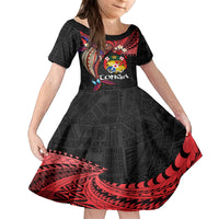Tonga Emancipation Day Kid Short Sleeve Dress Ngatu Humpback Whale Polynesian Flower LT03 KID Black - Polynesian Pride