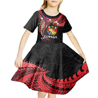Tonga Emancipation Day Kid Short Sleeve Dress Ngatu Humpback Whale Polynesian Flower LT03 - Polynesian Pride