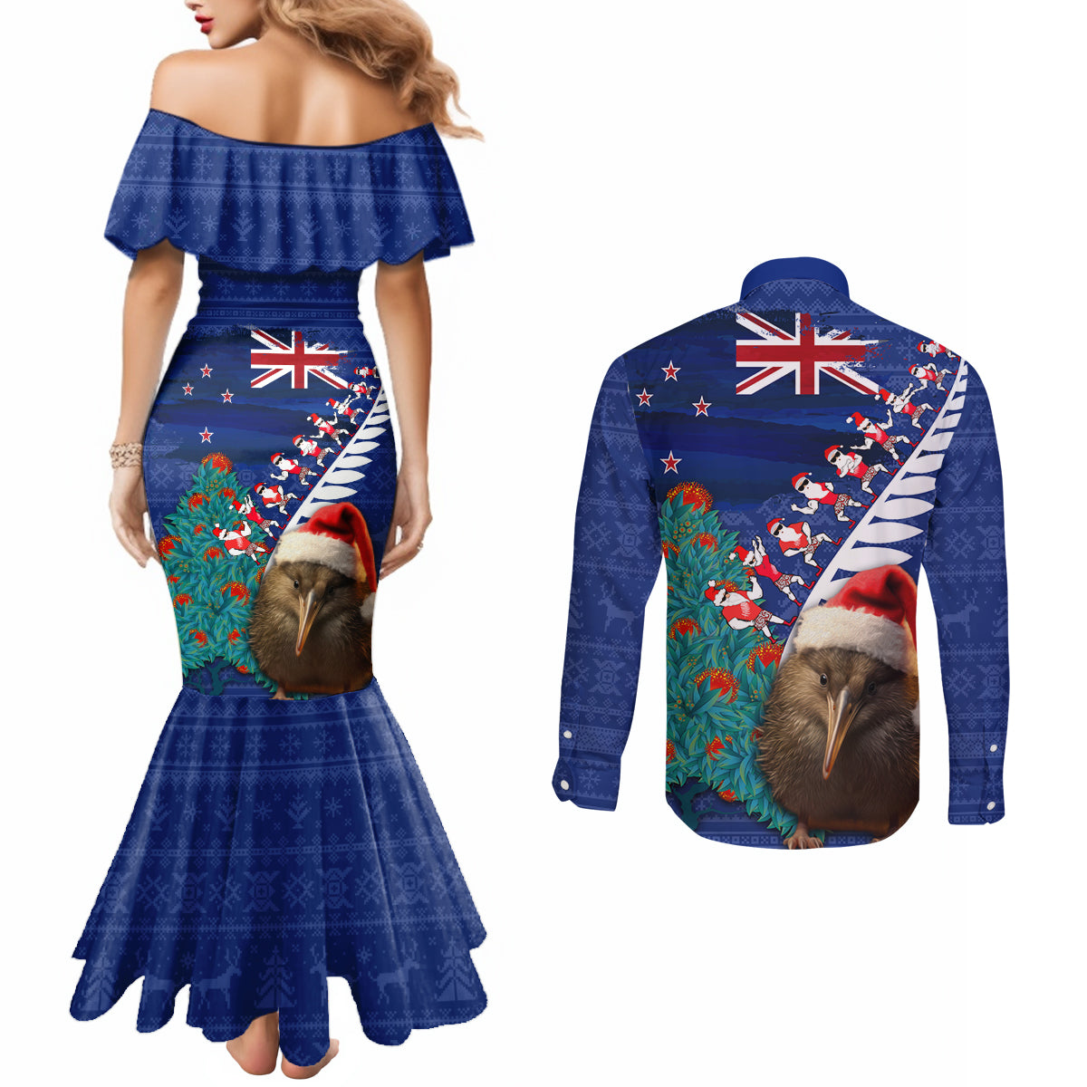 New Zealand Christmas Couples Matching Mermaid Dress and Long Sleeve Button Shirt Kiwi Bird Santa and Silver Fern Funny Haka Dance