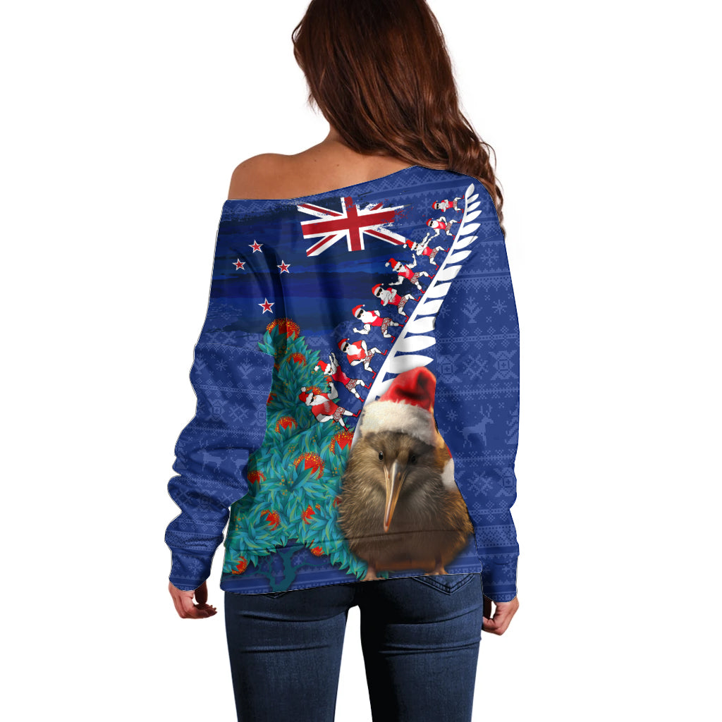 New Zealand Christmas Off Shoulder Sweater Kiwi Bird Santa and Silver Fern Funny Haka Dance