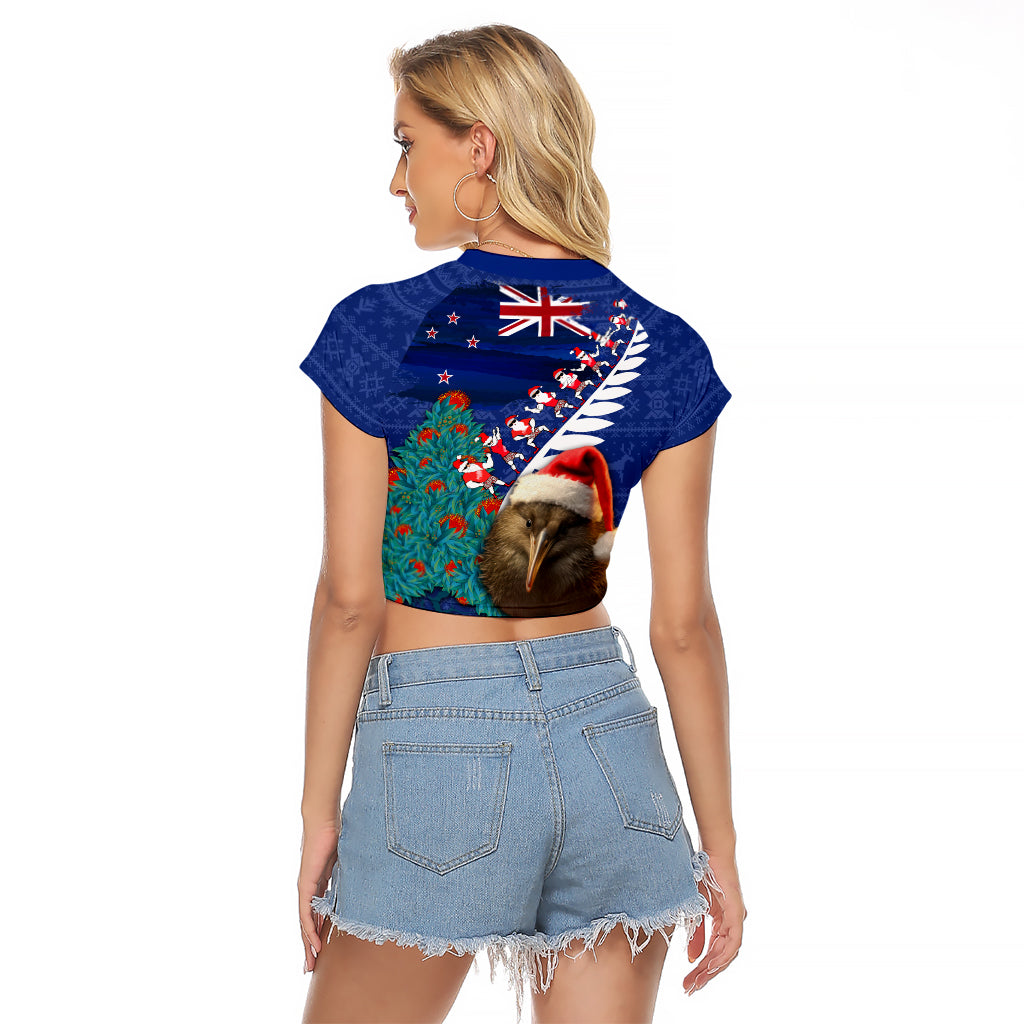 New Zealand Christmas Raglan Cropped T Shirt Kiwi Bird Santa and Silver Fern Funny Haka Dance