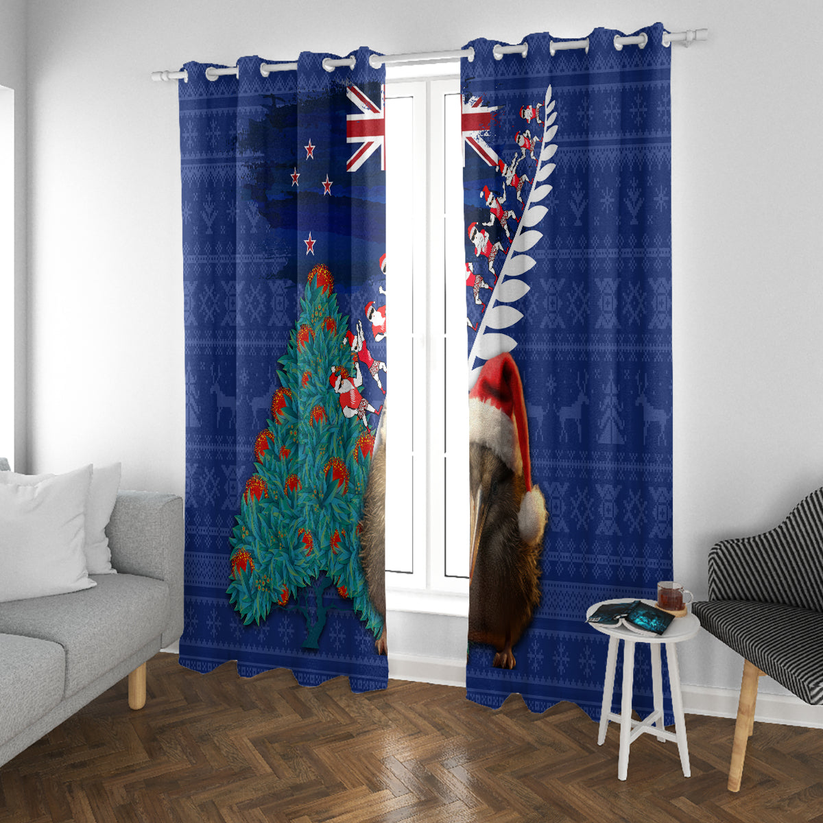 New Zealand Christmas Window Curtain Kiwi Bird Santa and Silver Fern Funny Haka Dance