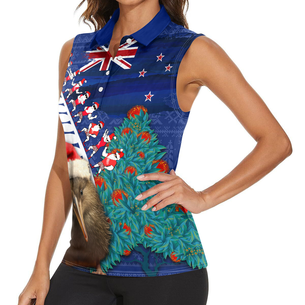 New Zealand Christmas Women Sleeveless Polo Shirt Kiwi Bird Santa and Silver Fern Funny Haka Dance